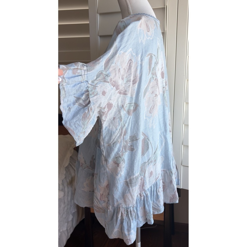 Made in Italy 100% Linen Floral Tunic Top 4X Blue Boho Ruffle Plus Women Read - Picture 4 of 9